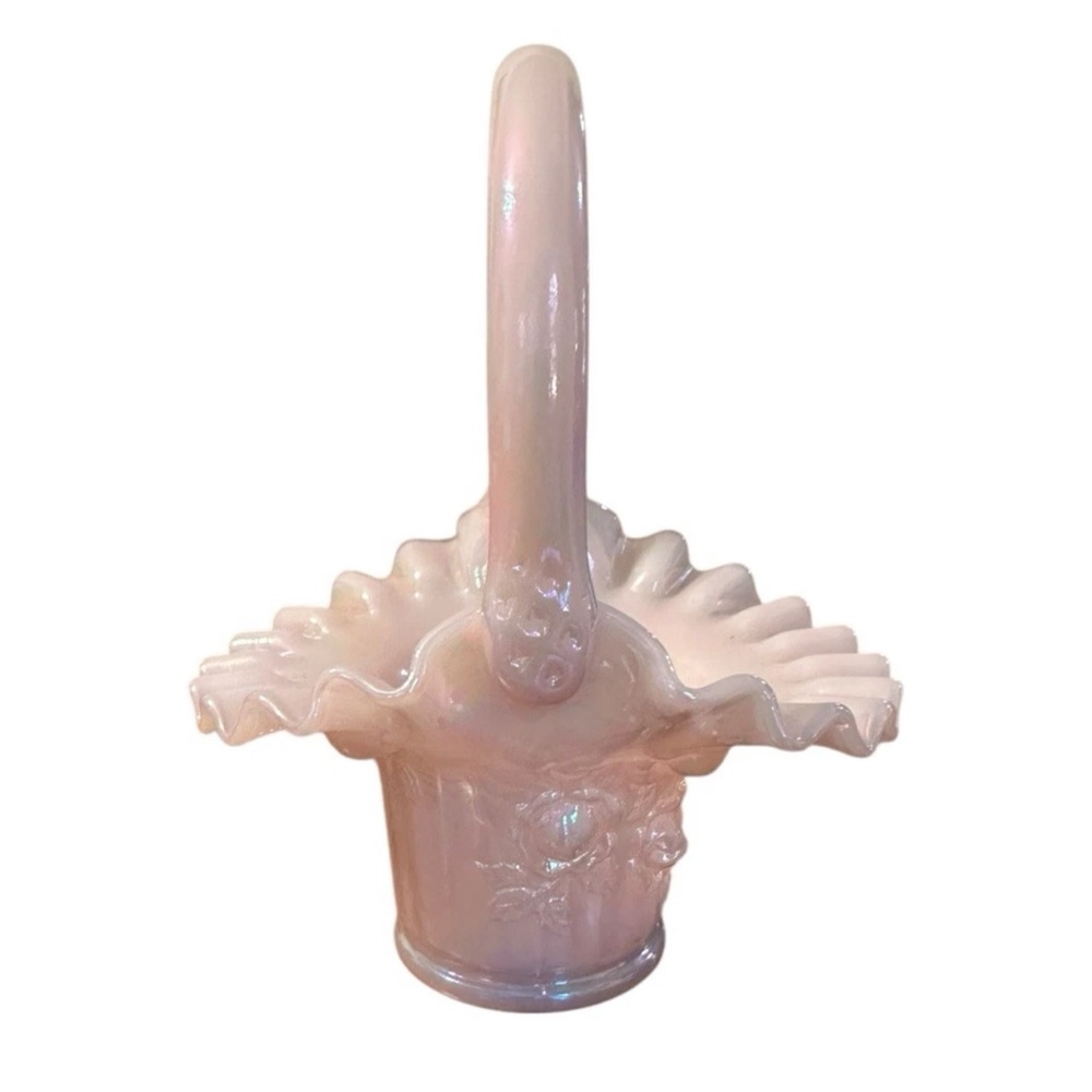 Vintage Fenton 7″ Iridescent Opalescent Rose Embossed‎ Glass Basket with Handle
